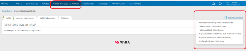 Kuva näyttää, mistä kohtaa Wilmassa löytyvät koululaisten hakemuslomakkeet