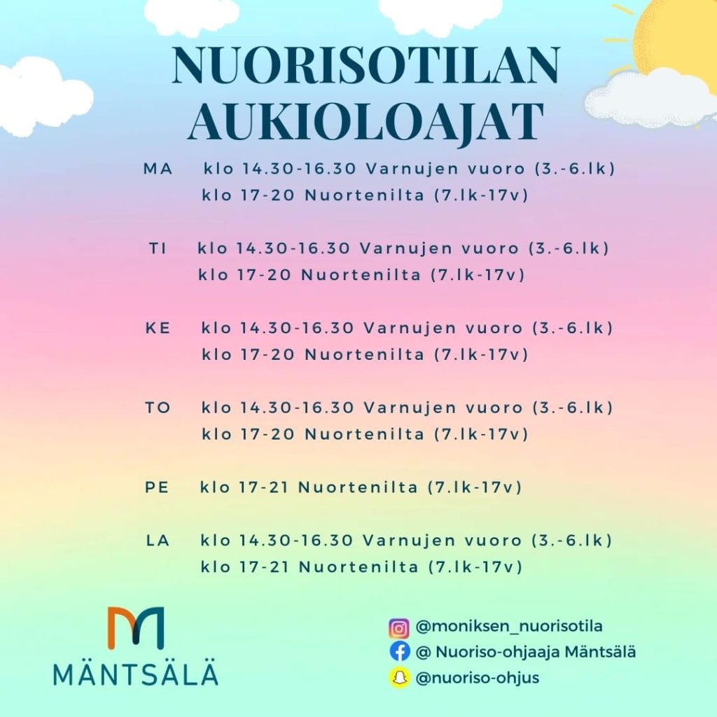 Nuorisotilan aukioloajat pastellinsävyisellä ja monivärisellä pohjalla.