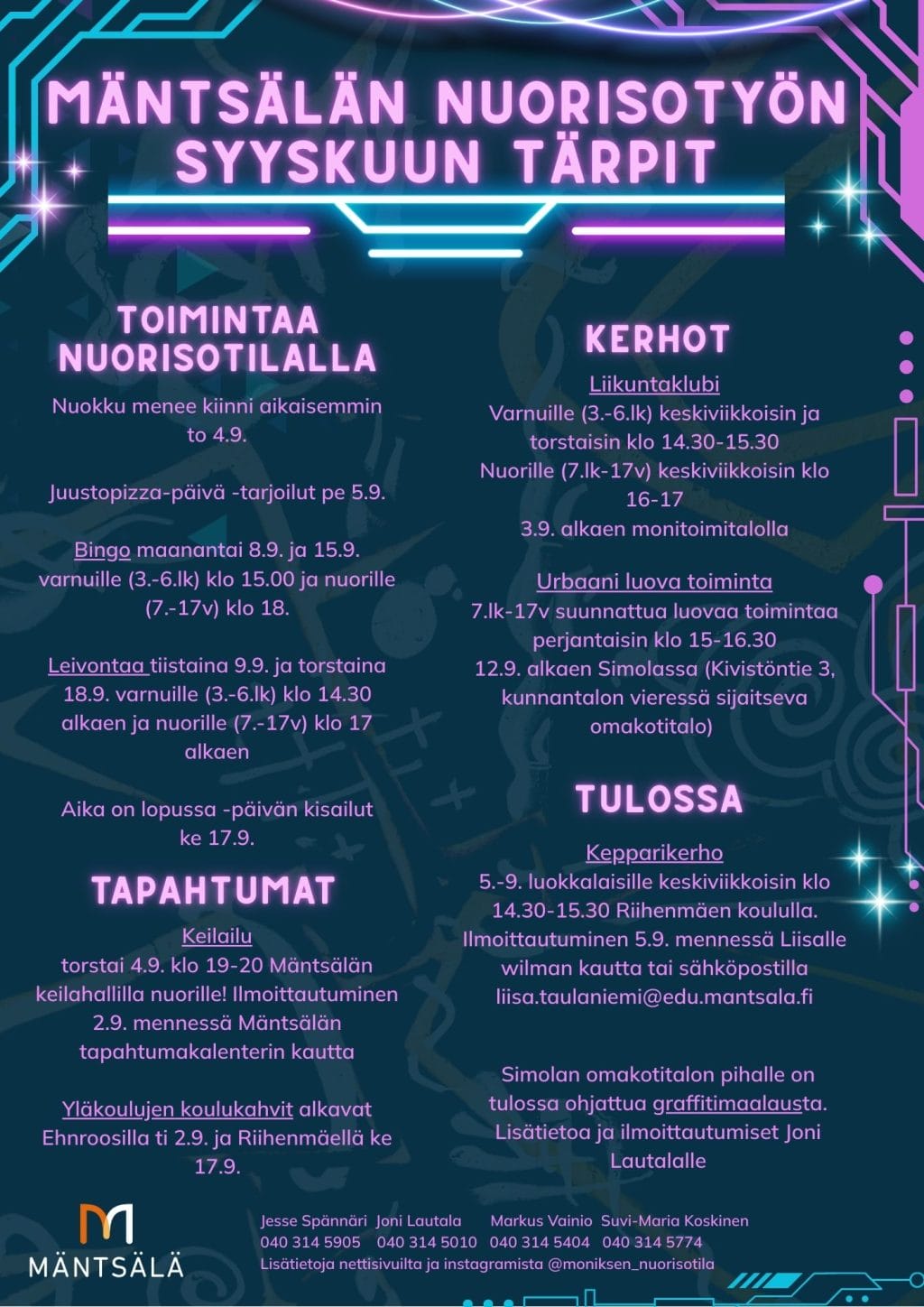 Mainos syyskuun tärpeistä. Mainos jakautuu neljään osaan: Nuorisotilan toimintaan, kerhoihin, tapahtumia ja tulevaa toimintaa.