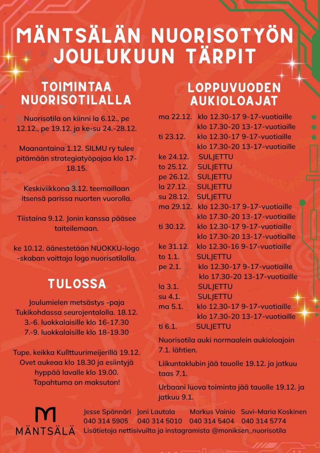 Mainos nuoristyön toiminnasta joulukuussa