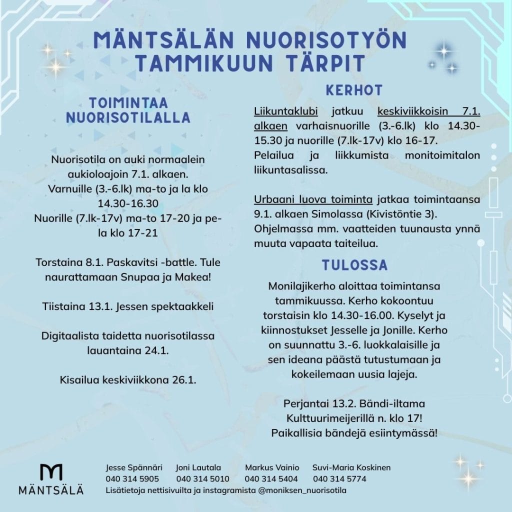 Mainos nuorisotyön tapahtumista tammikuussa