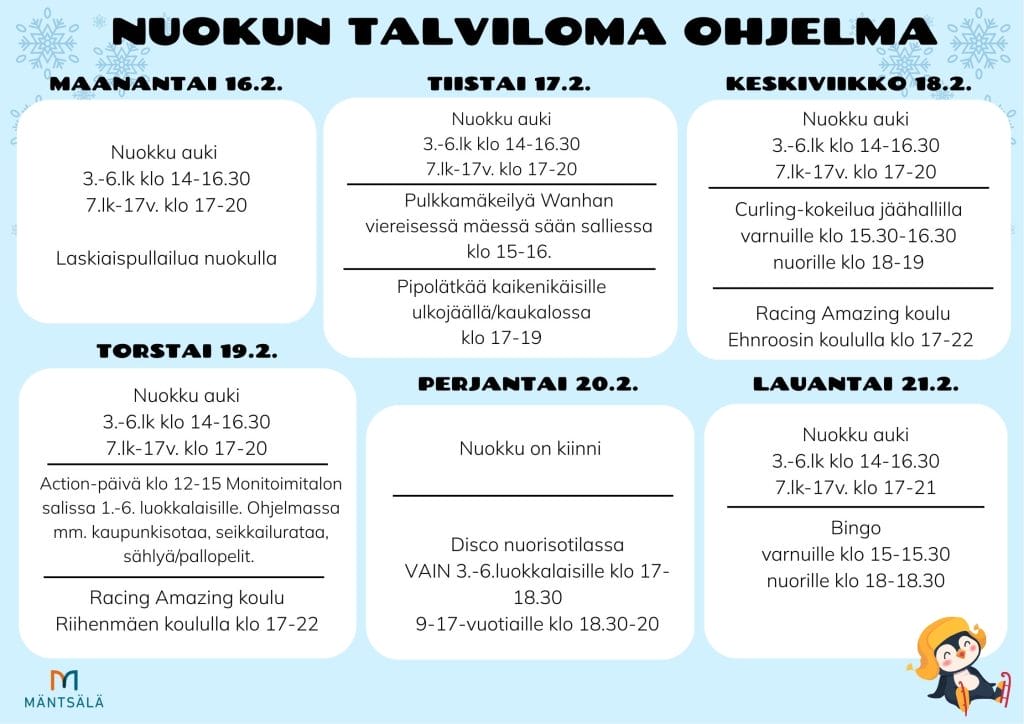 Mainos nuorisotyön tapahtumista talvilomaviikolla 16.-22.2.2026
