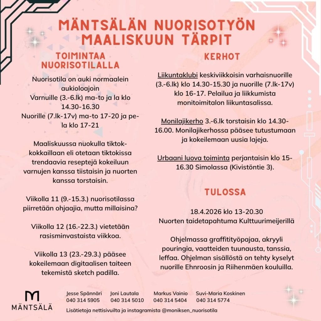 Mainos maaliskuun tapahtumista nuorisotilalla