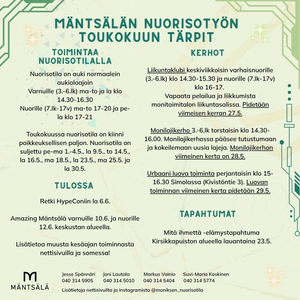 Mainos nuorisotyön toukokuun tapahtumista.