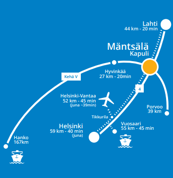 Etäisyyskartta Mäntsälästä Hankoon, Helsinkiin, Porvooseen ja Lahteen