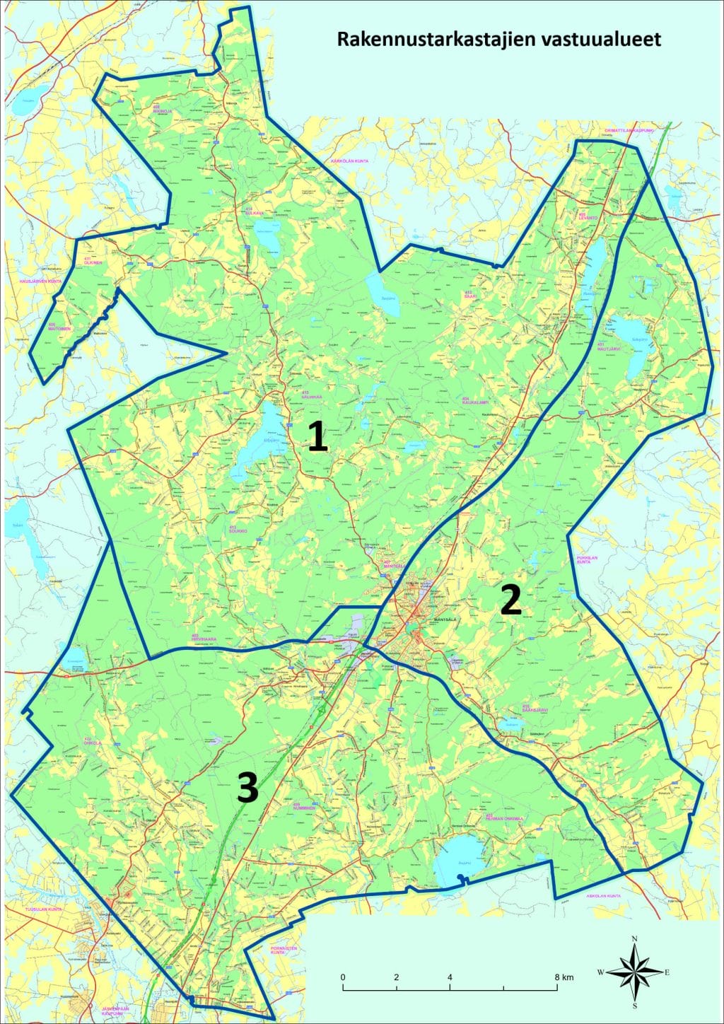 Rakennusvalvonnan vastuualuekartta: Luoteis-Mäntsälä kuuluu vastuualueeseen 1, koillis- ja kaakkois-Mäntsälä kuuluu vastuualueeseen 2, ja lounais-Mäntsälä vastuualue 3.